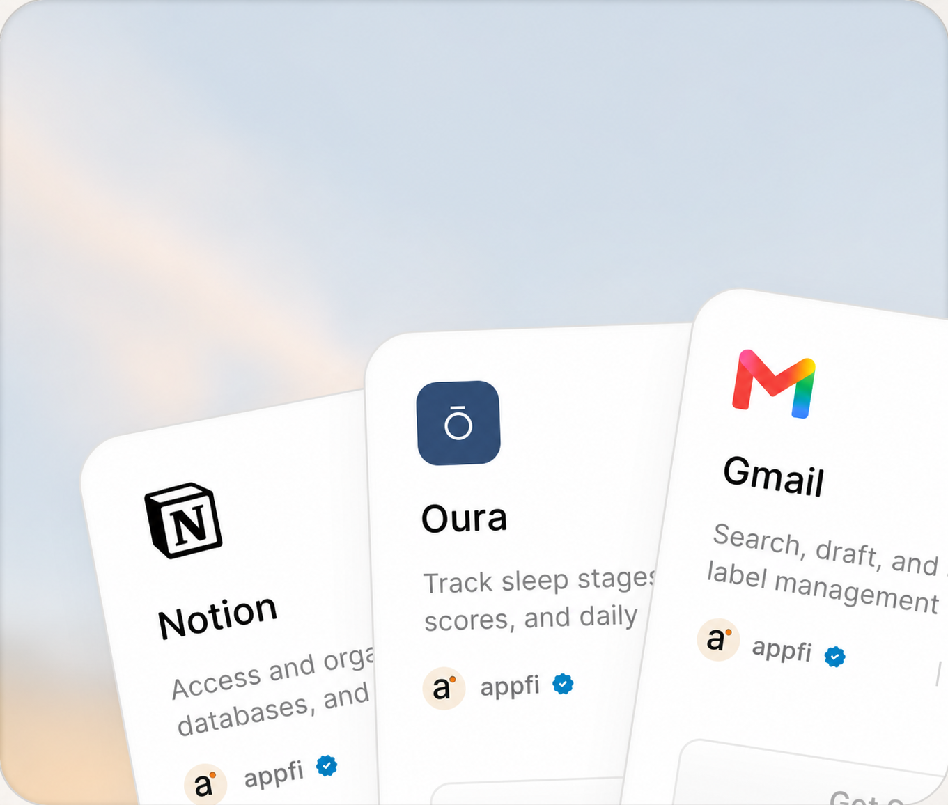 Appfi integration cards for Notion, Oura, and Gmail.