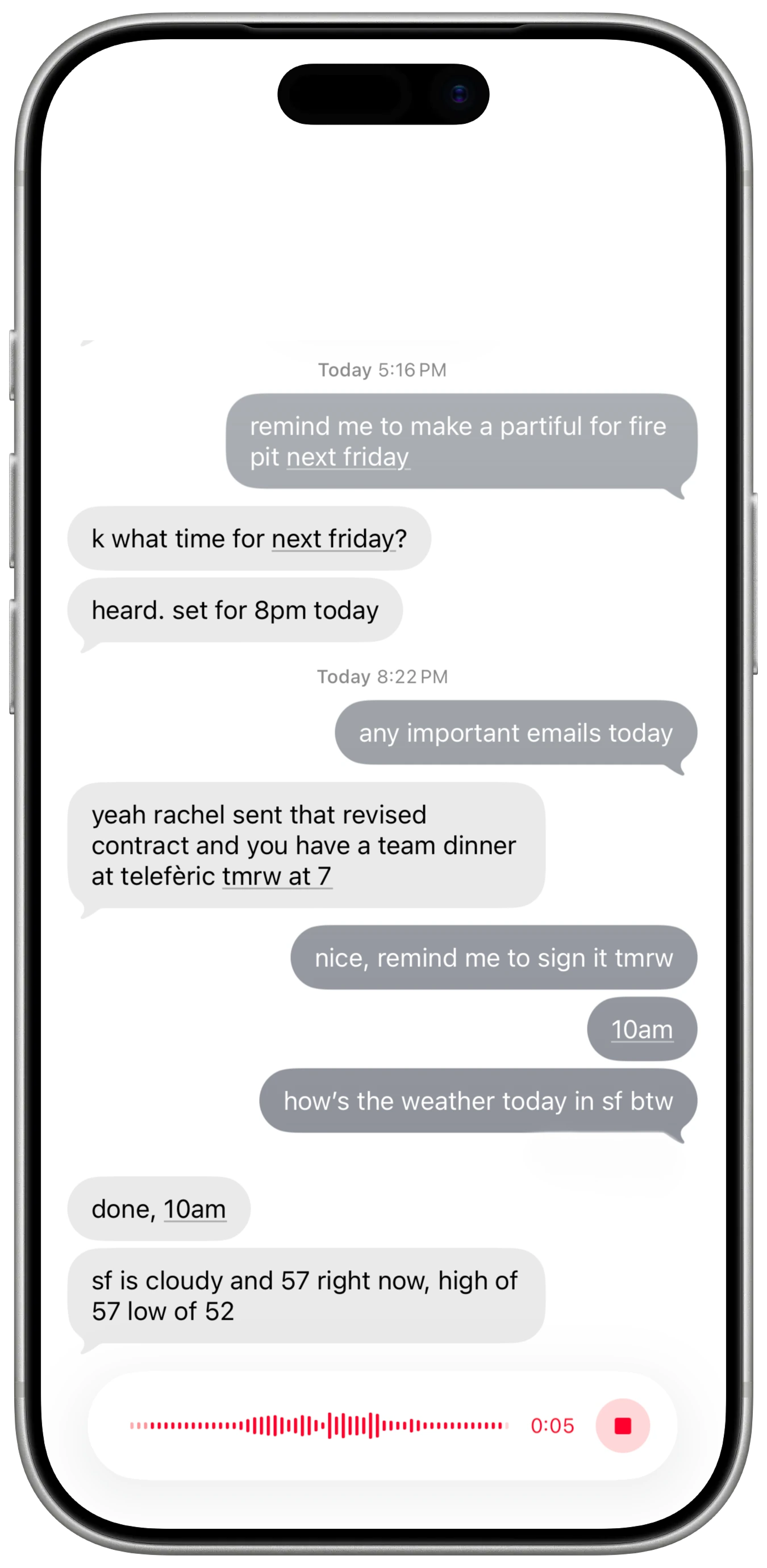 An iMessage conversation with Appfi showing reminders, answers, and a voice recording.